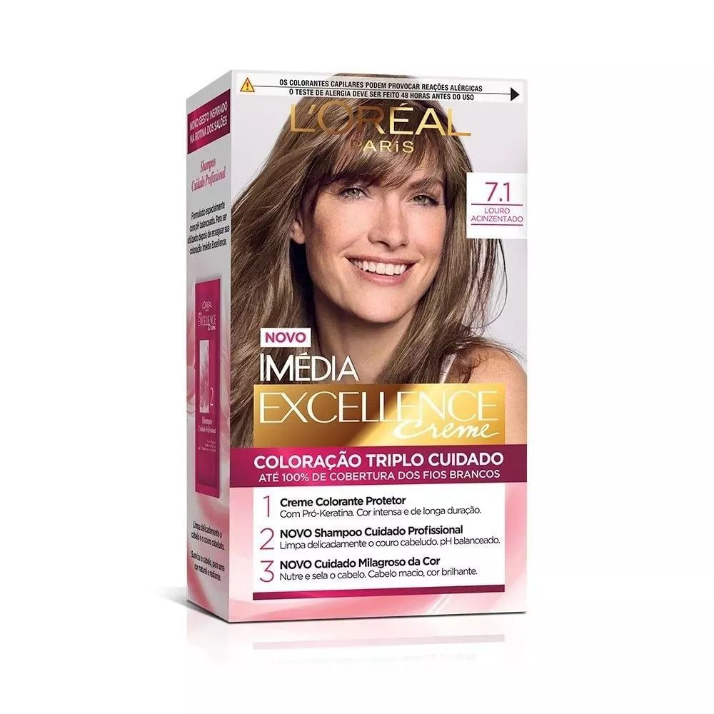 Coloração Creme Cobertura Fios Brancos 7.1 Louro Acinzentado L'Oréal Paris Imédia Excellence Kit
