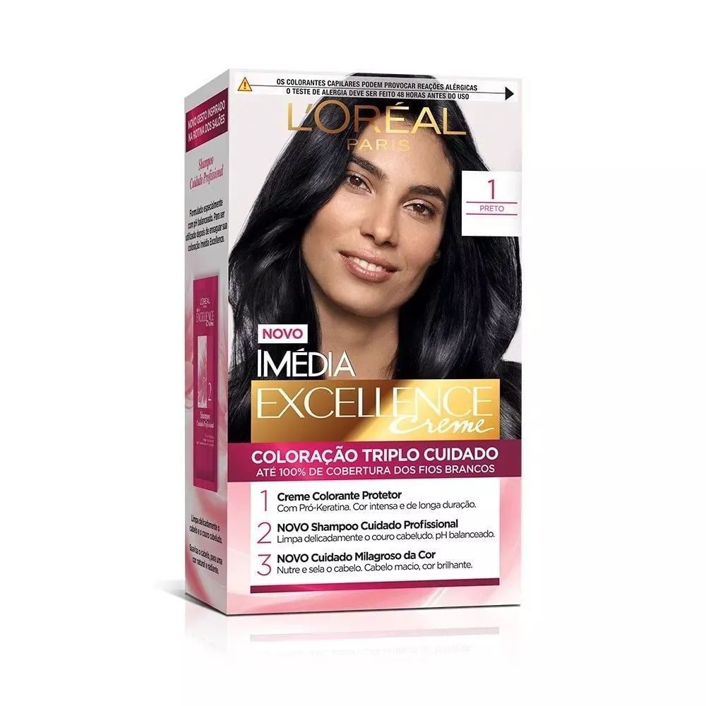 Coloração Creme Preto 1 Imédia Excellence L'Oréal Paris Cobertura Total Fios Brancos Kit Triplo Cuidado