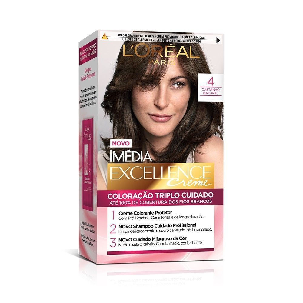 Coloração Creme Castanho Natural 4 Imédia Excellence L'Oréal Paris Kit Triplo Cuidado Cobertura Total