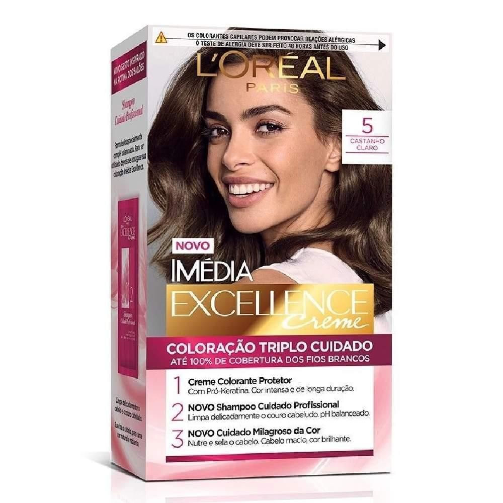 Tintura Coloração Castanho Claro 5 179ml L'Oréal Paris Imédia Excellence Cobertura Total Fios Brancos