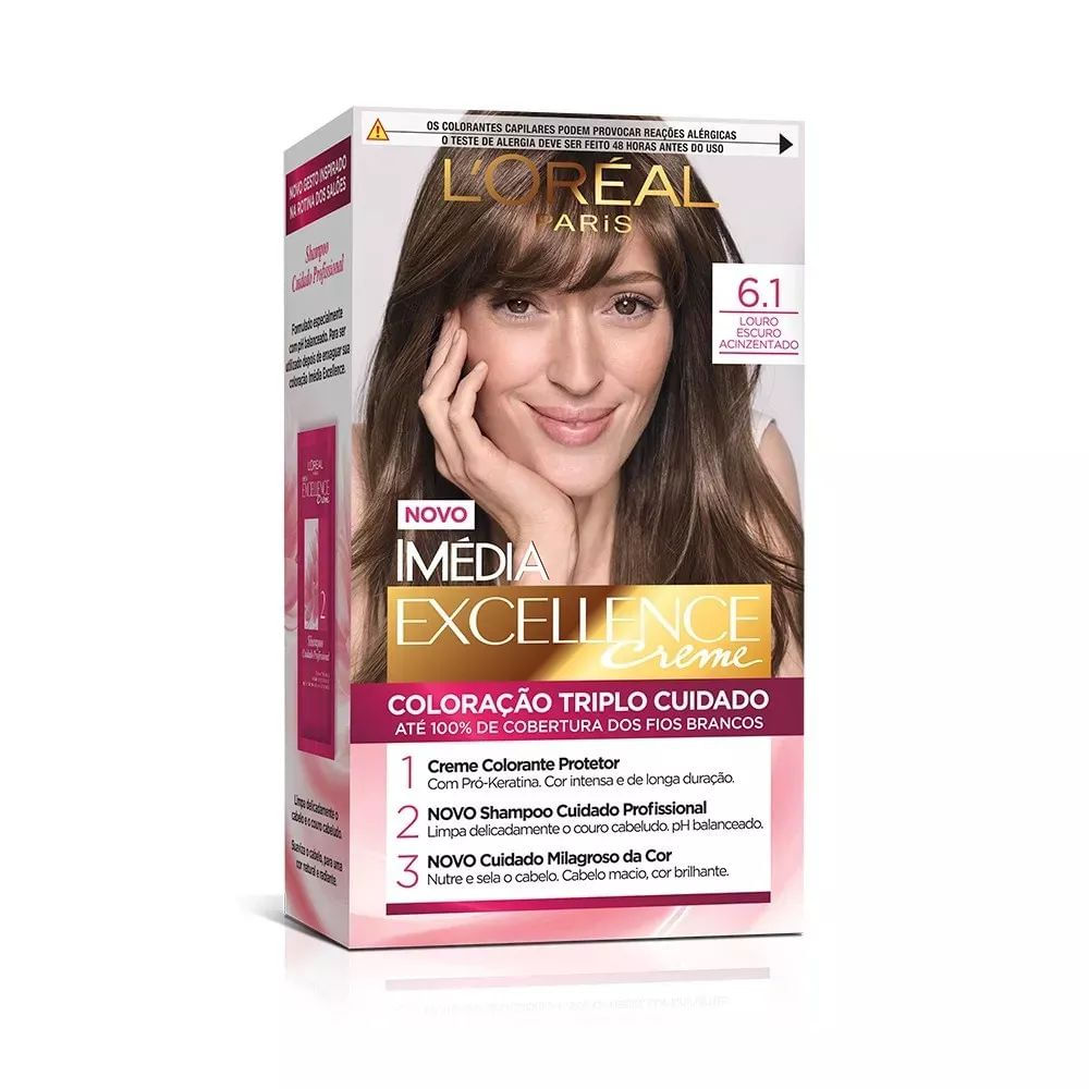 Coloração Creme Louro Escuro Acinzentado 6.1 Imédia Excellence L'Oréal Paris Cobertura Total 100% Brancos