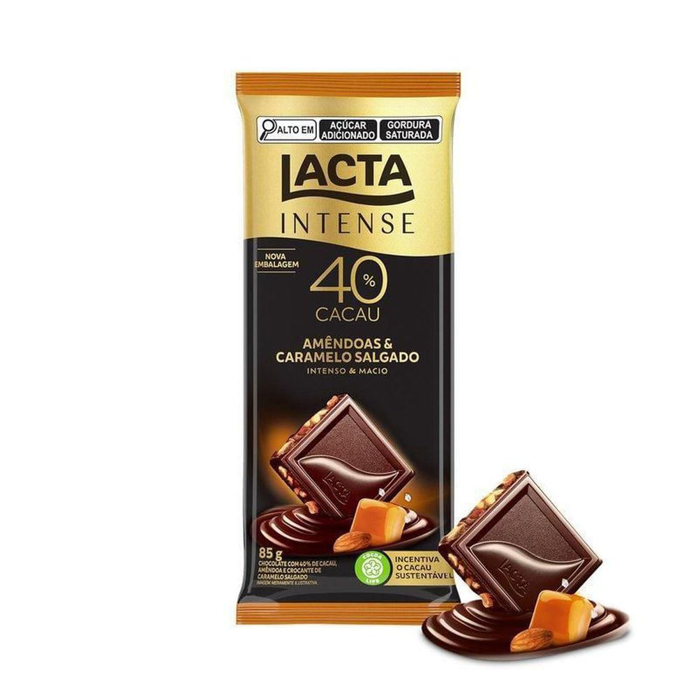 Lacta Barra de Chocolate Intense Meio Amargo 40% Cacau com Amêndoas e Caramelo Salgado 85g
