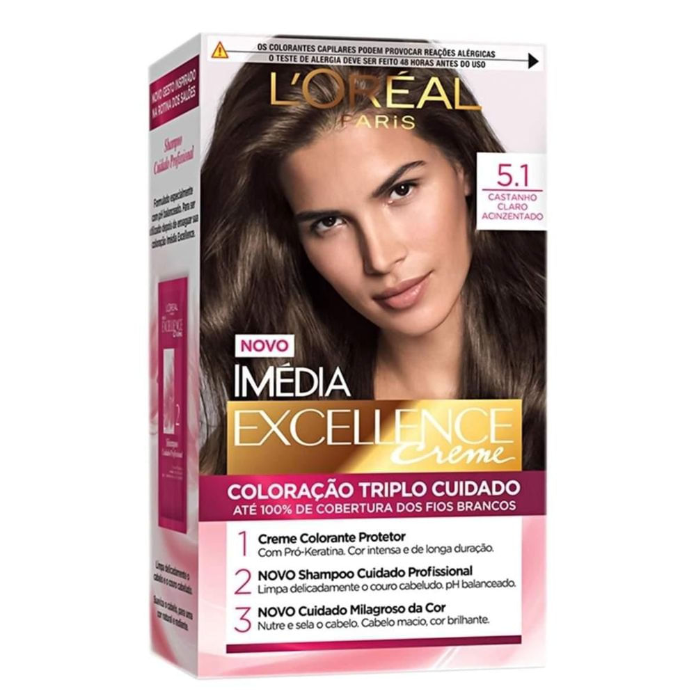 Coloração Permanente Castanho Claro Cinza 5.1 Imédia Excellence L'Oréal Paris Kit Tripla Proteção