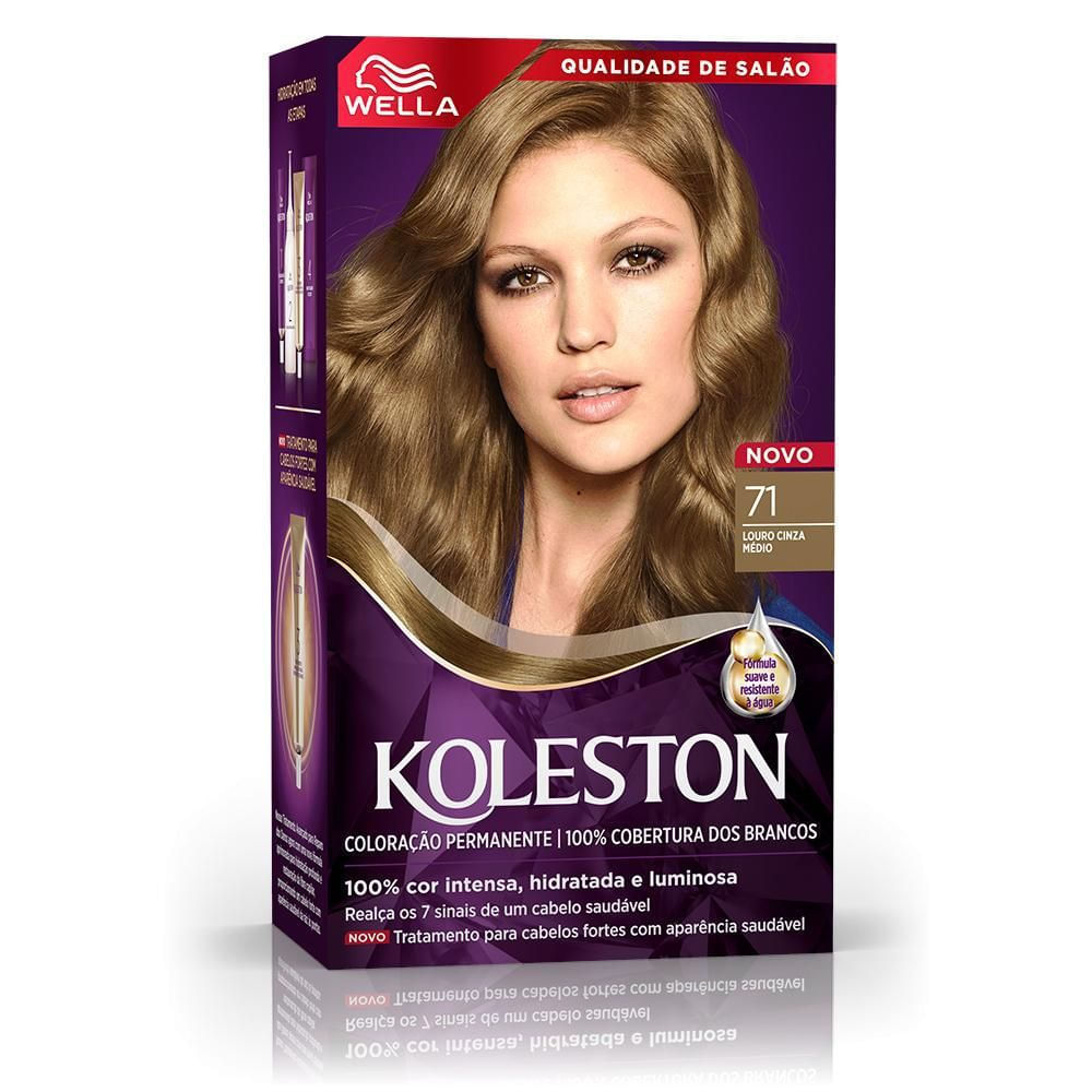 Coloração em Creme 71 Louro Cinza Médio Koleston Cobertura 100% Fios Brancos Wella Kit Profissional
