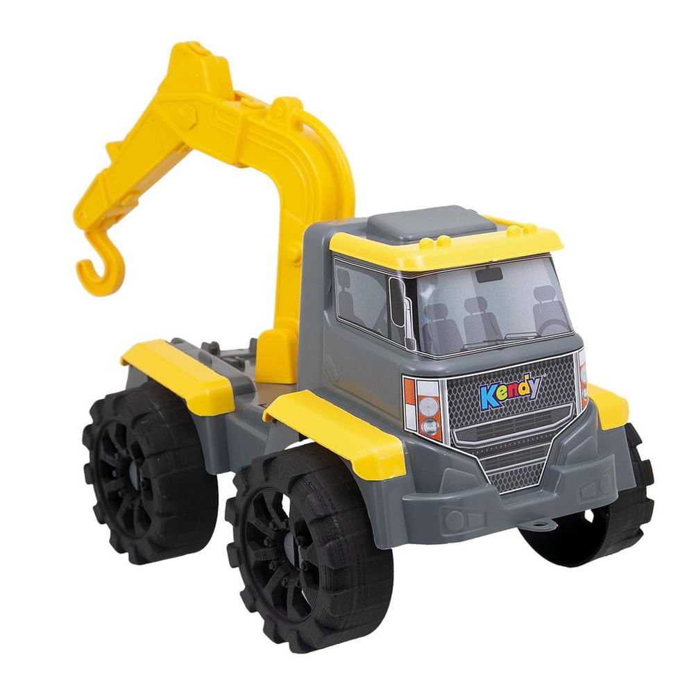 Caminhão Guincho de Brinquedo Infantil Kendy Forte Guincho com Braço Articulável Cinza e Amarelo