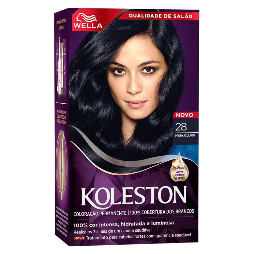 Tintura Coloração Permanente Preto Azulado 28 Koleston Wella Cobertura 100% Fios Brancos Kit Profissional