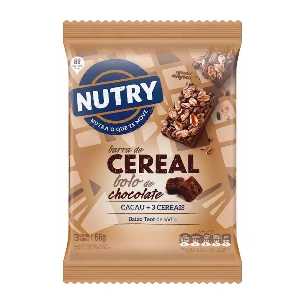 Barra de Cereal Bolo de Chocolate Nutry 66g Multipack 3 Unidades Fibras