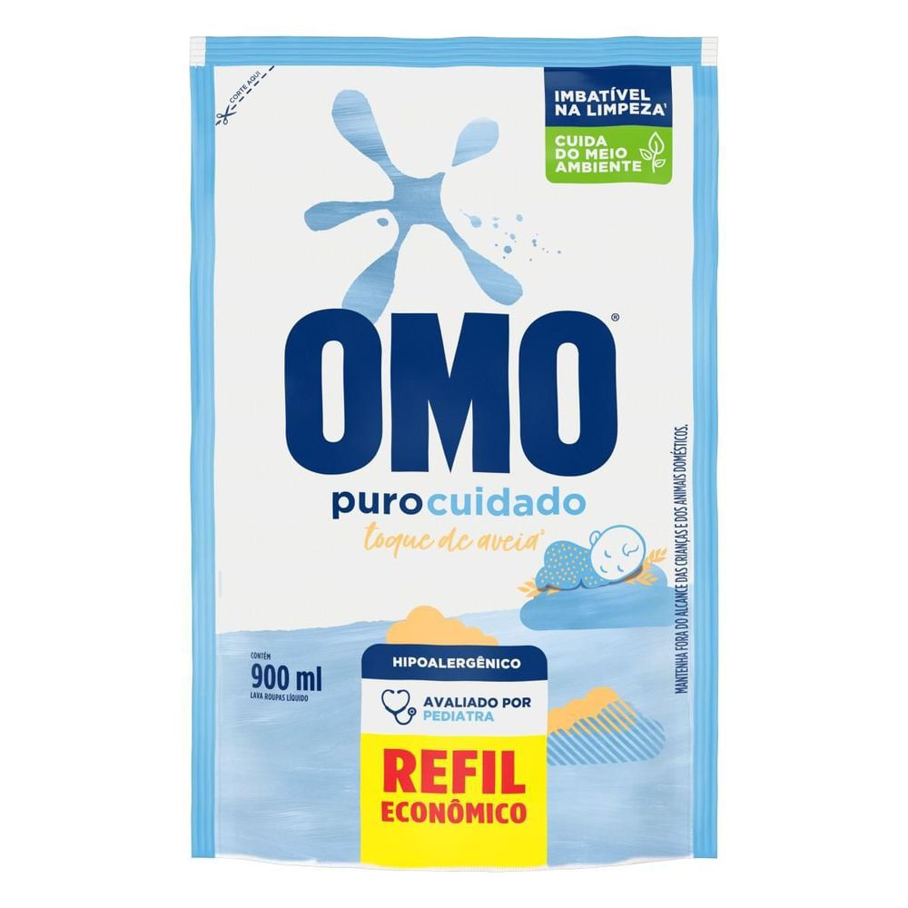 Sabão Líquido Lava-Roupas Hipoalergênico Omo Puro Cuidado Refil 900ml