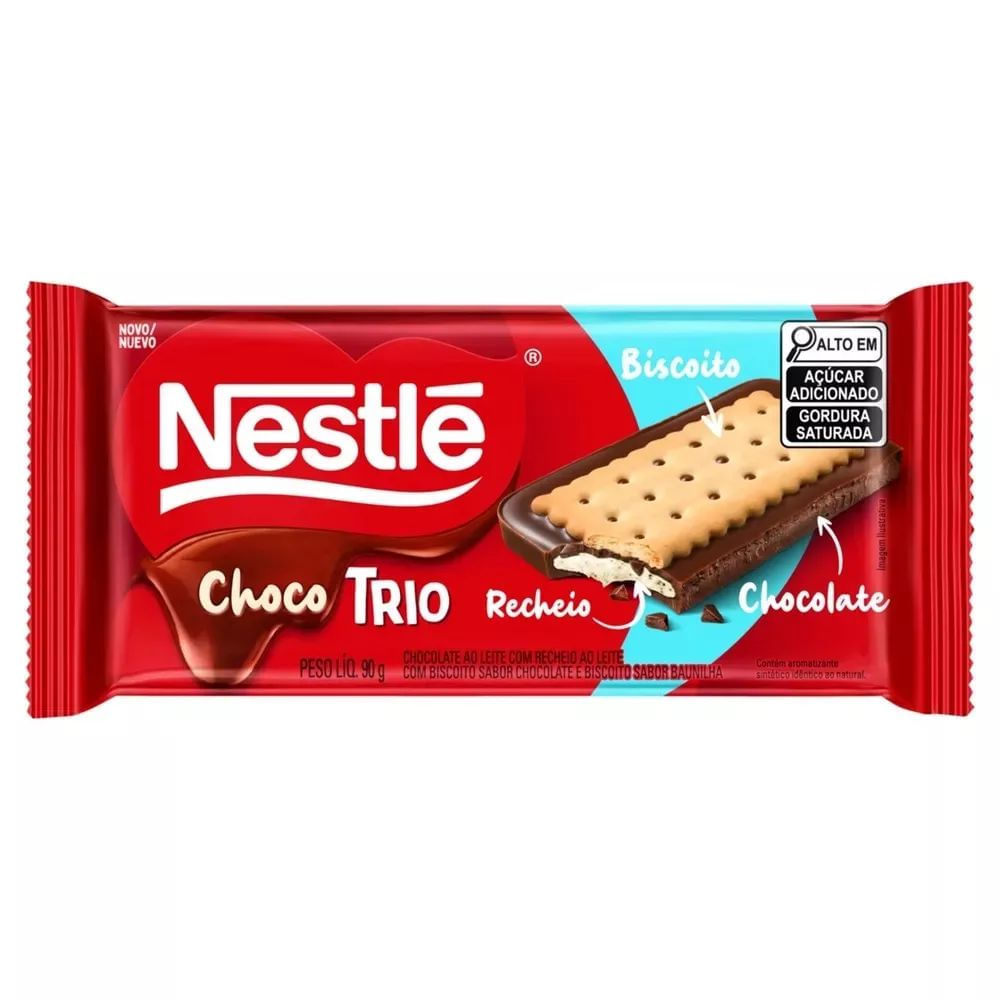 Barra de Chocolate Nestlé Choco Trio Ao Leite com Biscoito e Baunilha 90g Cacau Sustentável