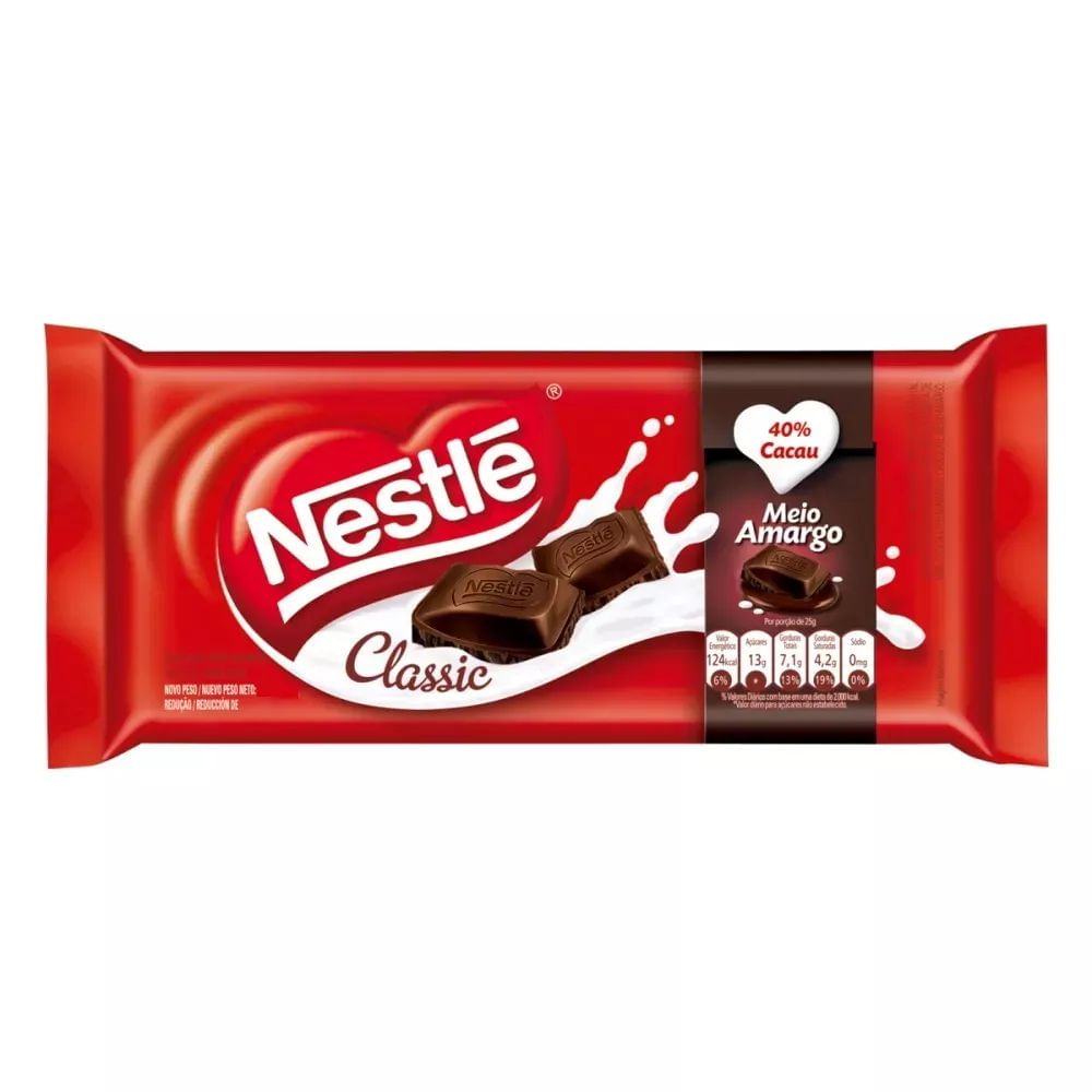 Barra de Chocolate Nestlé Classic Meio Amargo 80g Tablete Cremoso