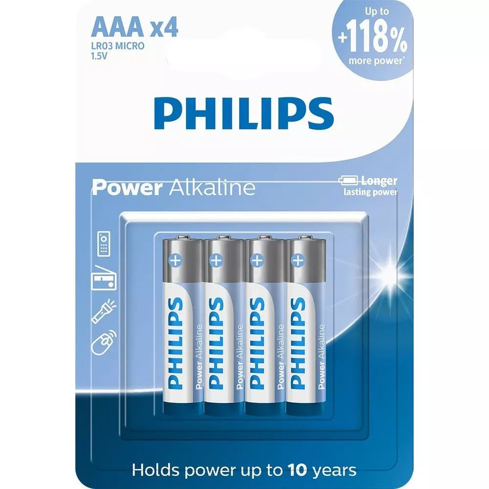 Pilha Alcalina Philips AAA 1.5V LR03P4B/59 com 4 Unidades