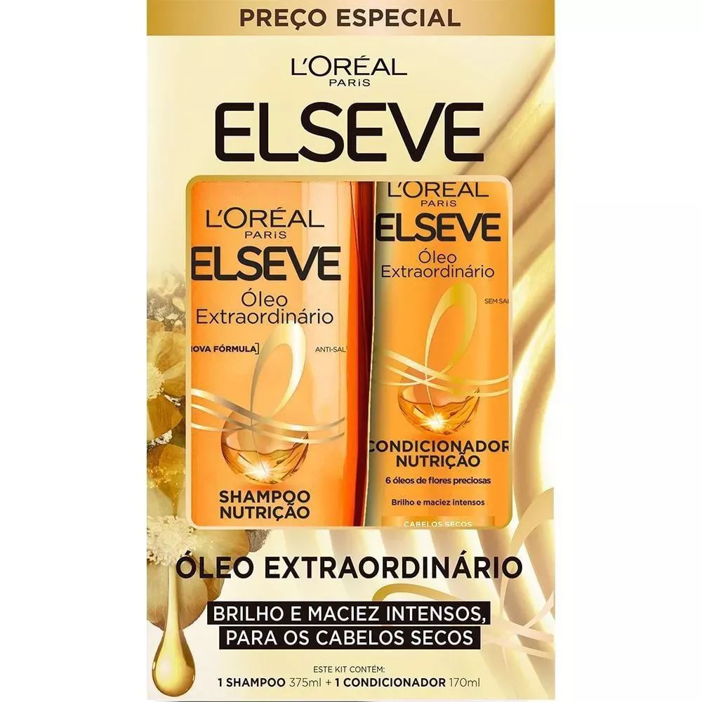 Kit Shampoo 375ml e Condicionador 170ml Elseve Óleo Extraordinário Nutrição Cabelos Secos com Óleo de Coco