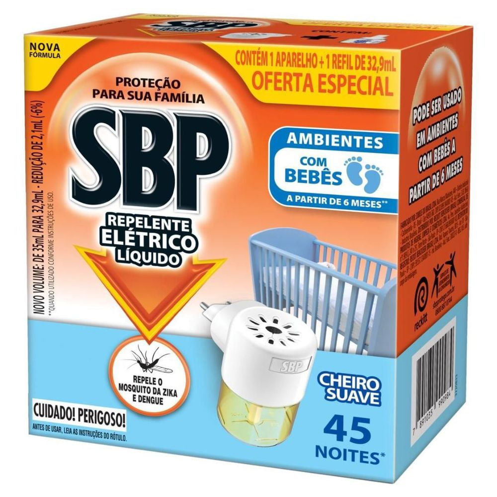 Repelente Elétrico Líquido SBP 45 Noites Cheiro Suave Aparelho e Refil 32,9ml