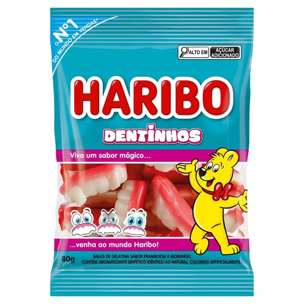 Bala de Gelatina Dentinhos Morango e Framboesa Haribo 80g Macia