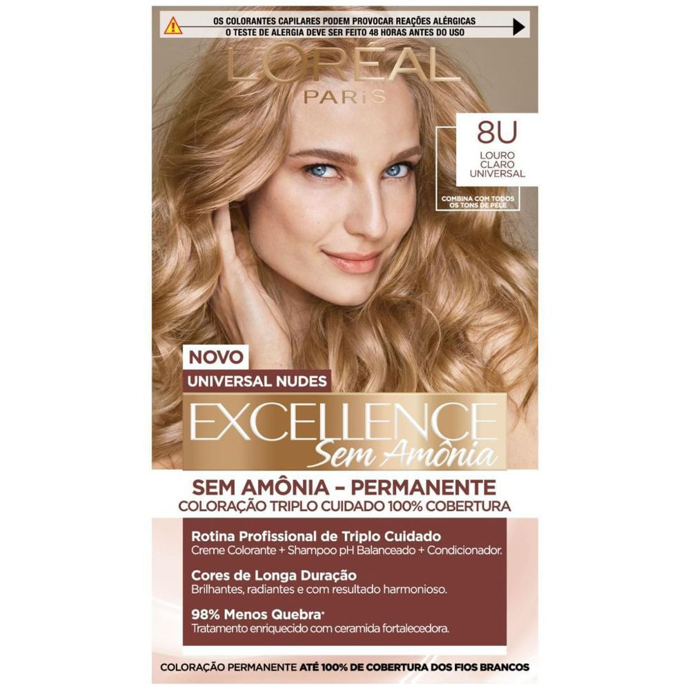 Coloração Permanente 8U Louro Claro Universal Imédia Excellence Sem Amônia L'Oréal Paris Kit Triplo Cuidado