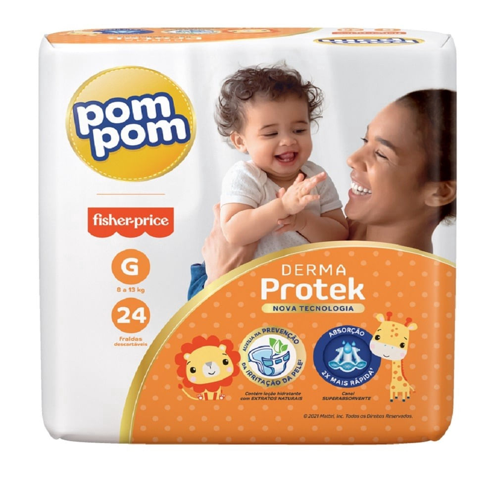 Fralda Descartável Dermatologicamente Testada Pompom Derma Protek G 24un