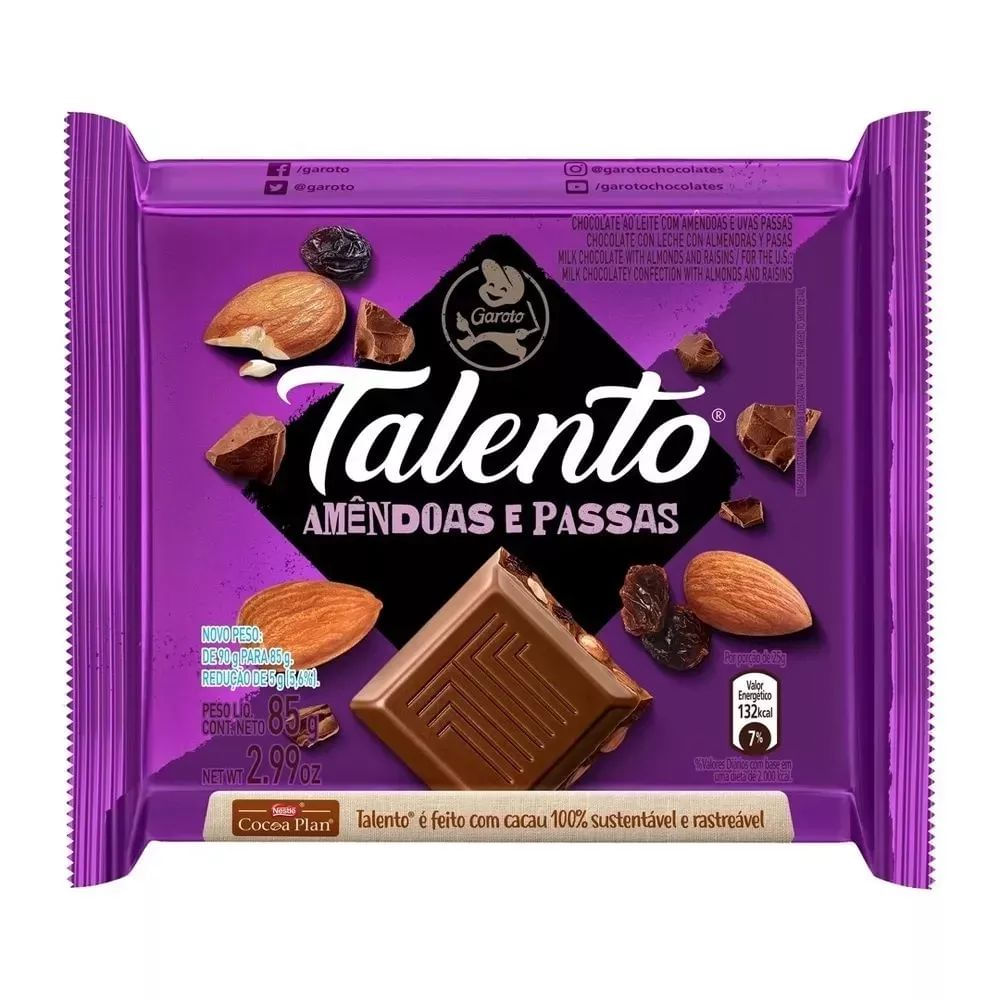 Barra de Chocolate Garoto Talento Ao Leite com Amêndoas e Passas 85g Crocante