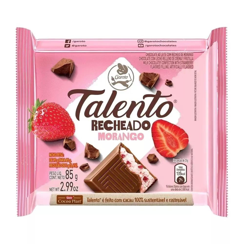 Garoto Barra de Chocolate Recheado com Morango Talento 85g