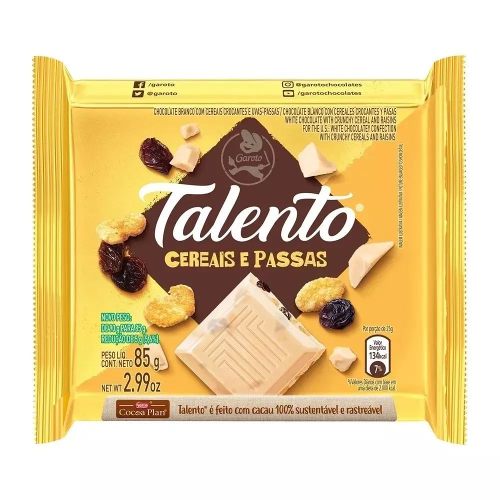 Garoto Barra de Chocolate Branco com Cereais e Passas Talento 85g
