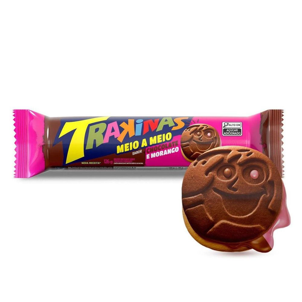 Biscoito Recheado Chocolate e Morango Trakinas 126g Fonte de Cálcio