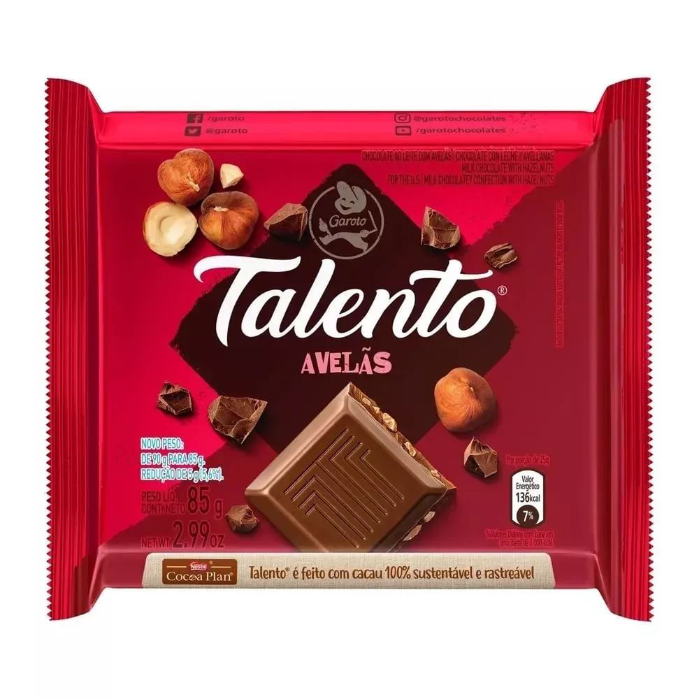 Barra de Chocolate Garoto Talento Ao Leite com Avelãs 85g Crocante