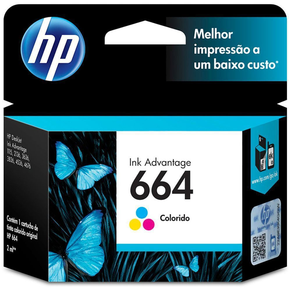 Cartucho de Tinta HP 664 Colorido Original F6V28AB DeskJet Ink Advantage