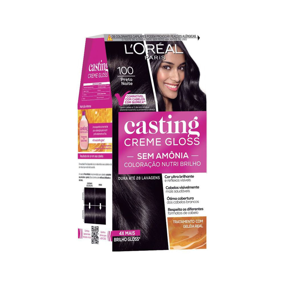 Coloração Creme Brilho Gloss 246g L’Oréal Paris Casting 100 Preto Noite Sem Amônia Kit Nutrição