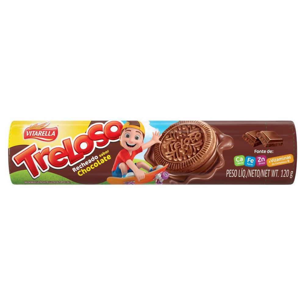 Biscoito Recheado Chocolate Vitarella Treloso 120g Crocante Enriquecido com Vitaminas