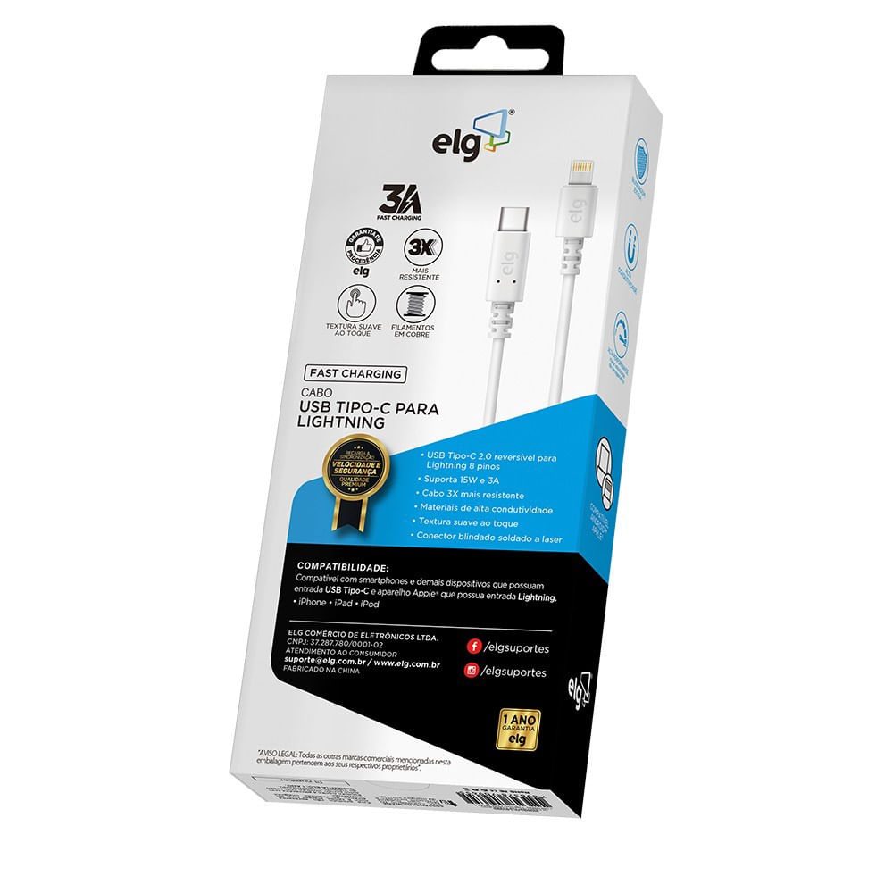 Cabo USB-C para Lightning Carregamento Rápido PD iPhone iPad 1m Branco