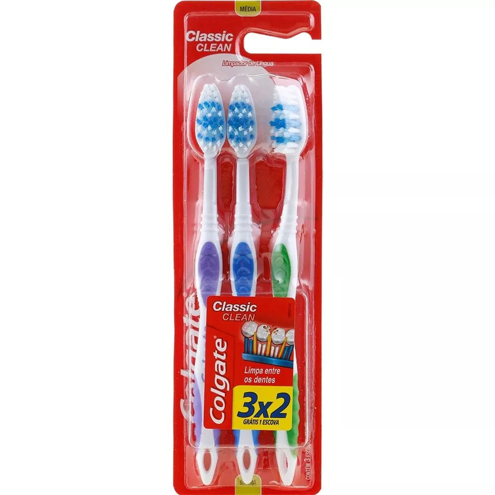 Kit 3 Escovas de Dente Higiene Bucal Colgate Classic Clean