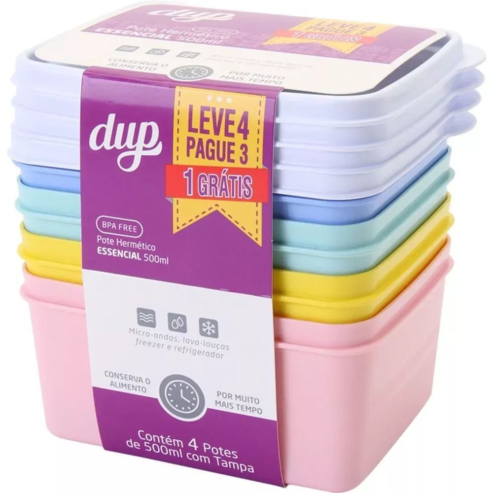 Kit Potes Herméticos Plástico 500ml 4 Peças Dup Cores Sortidas