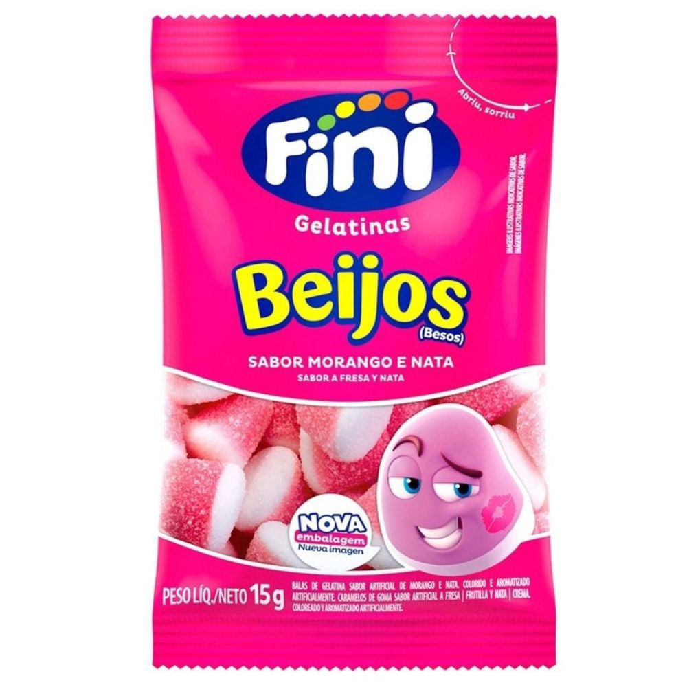 Bala de Gelatina Beijos de Morango Fini 15g Macia