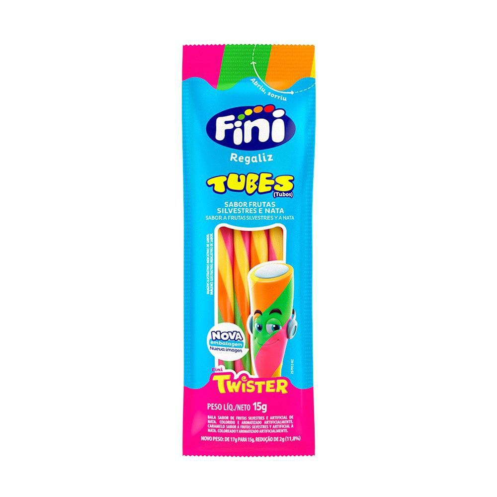 Bala de Gelatina Mini Tubes Twister Frutas Silvestres e Nata Fini 15g Pacote