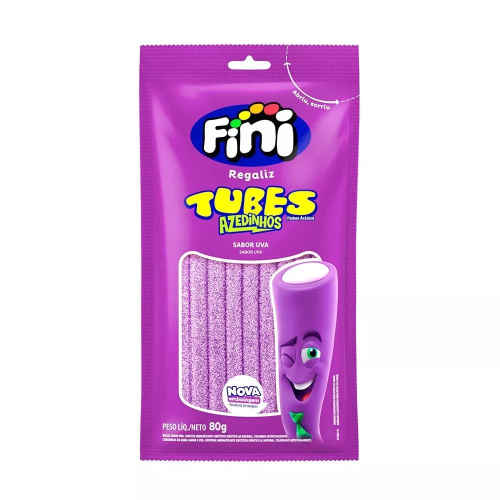 Bala de Gelatina Tubes Uva Cítrico Fini 80g Pacote Azidinho