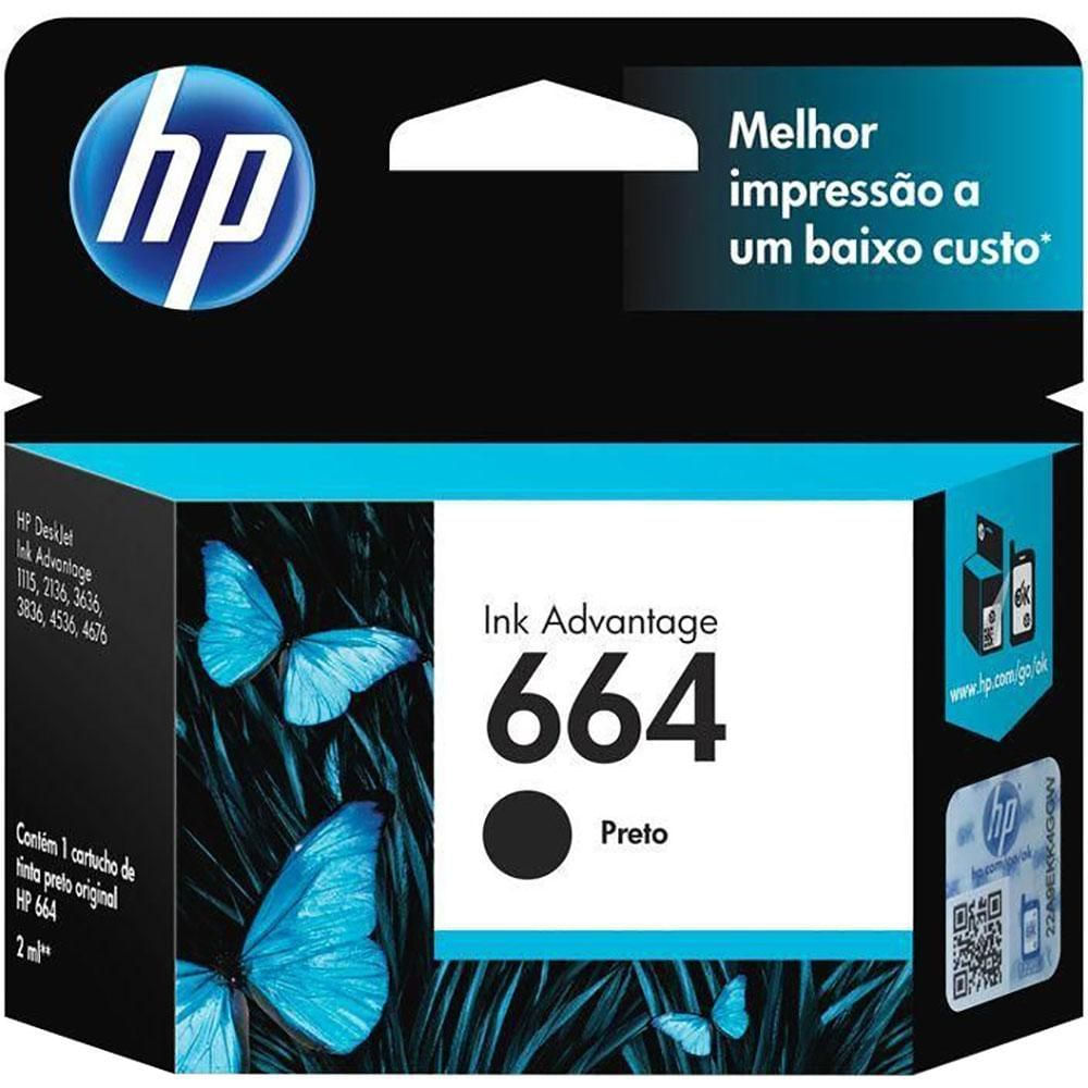 Cartucho de Tinta HP 664 Preto Original F6V29AB Deskjet Ink Advantage