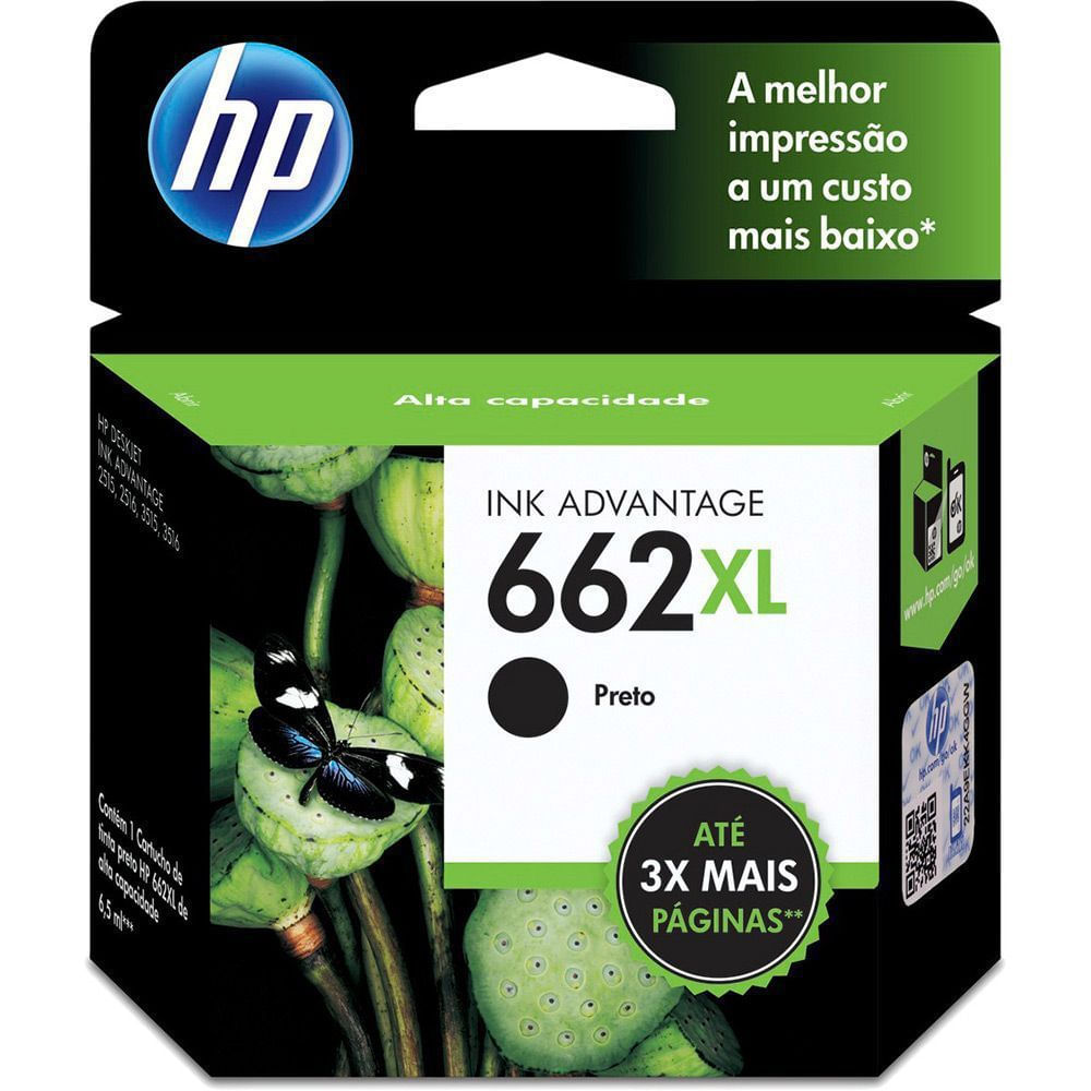 Cartucho de Tinta HP 662XL Preto Original CZ105AB Alto Rendimento 360 Páginas