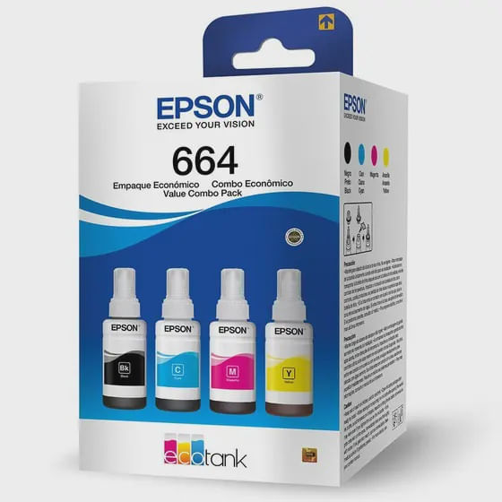 Kit 4 Refil T664 Original Epson Lacrado para impressoras: L110/L120/L200/L210/L220/L300/L310/L350/L380/L355/L365/L375/L3