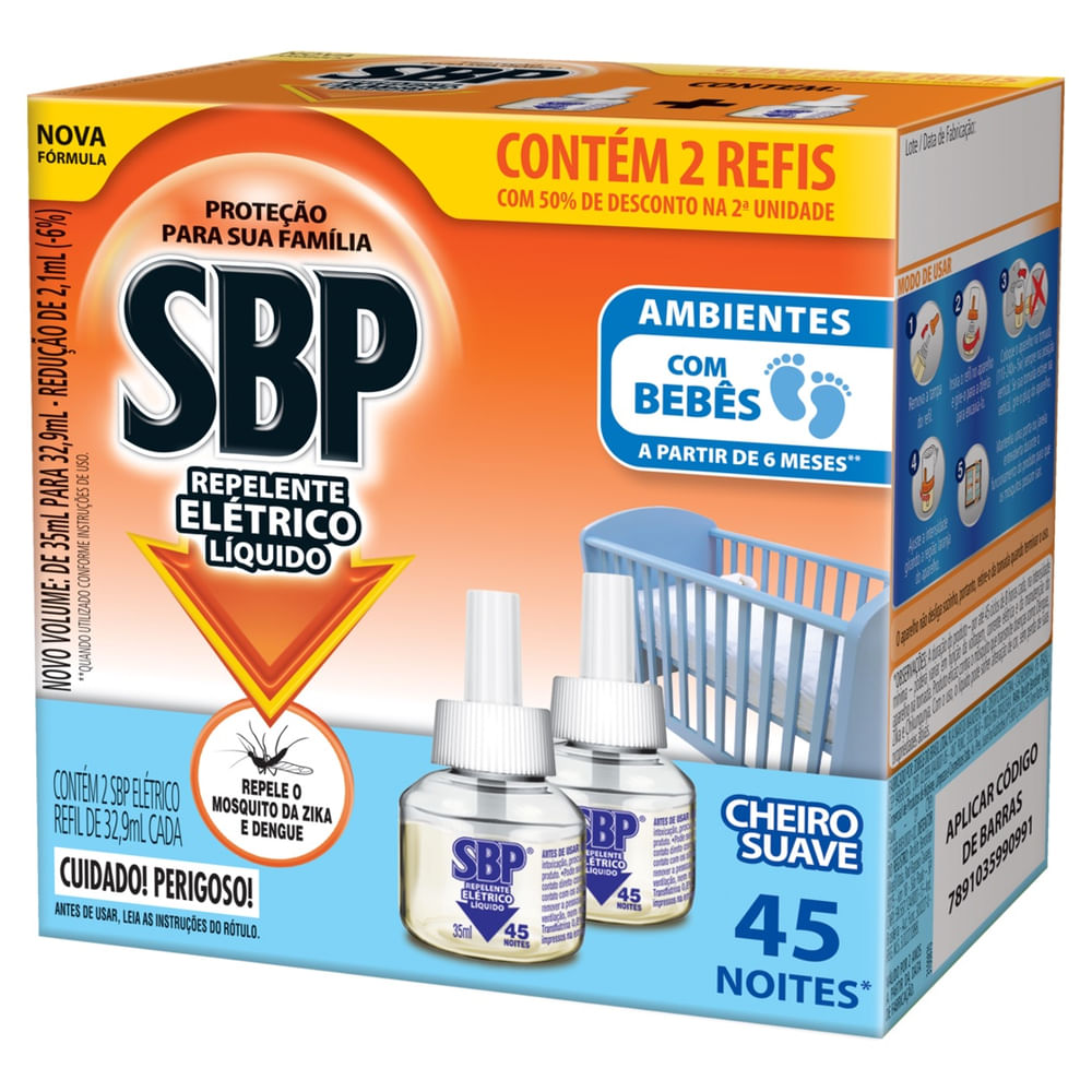Repelente Líquido Elétrico SBP 45 Noites Cheiro Suave 2 Unidades 32,9ml
