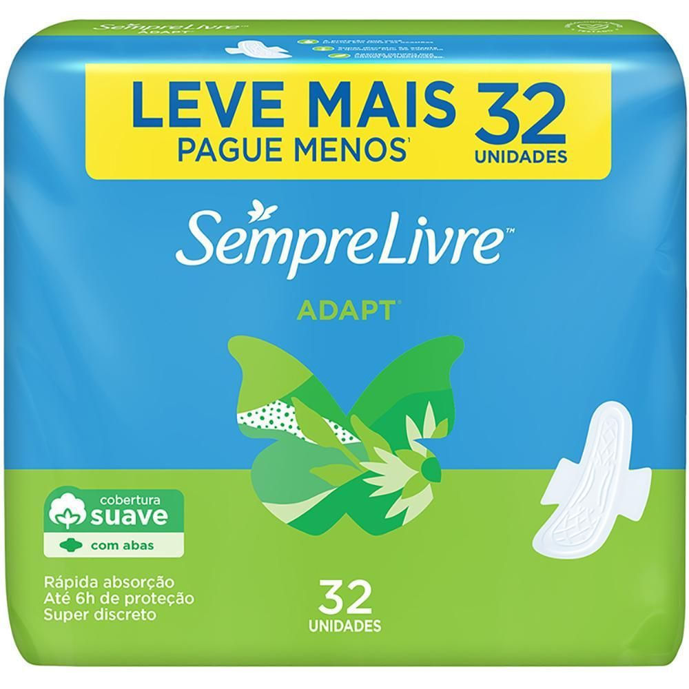 Absorvente Fluxo Leve e Moderado Sempre Livre Adapt Suave com Abas 32 Unidades