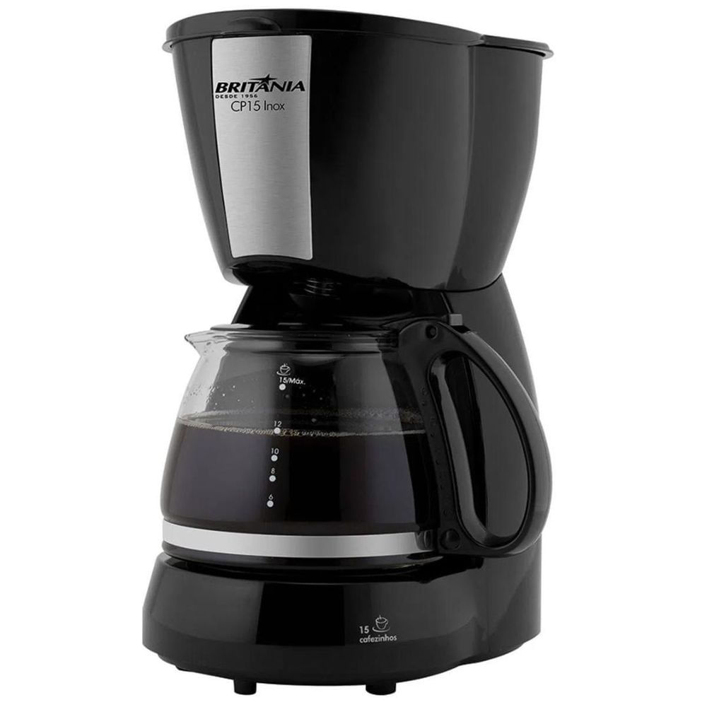 Cafeteira Elétrica Britânia CP15 15 xícaras Preto Jarra de Vidro Filtro Permanente Mantém Aquecida